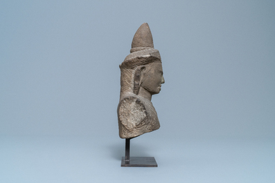 A grey sandstone bust of vishnu, Cambodia, Khmer, Angkor Wat period, 12th C.