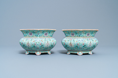 A pair of Chinese famille rose jardini&egrave;res on stands, Qianlong mark, Jiaqing