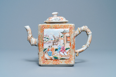 A Chinese famille rose rectangular 'Mandarin' teapot and cover, Qianlong