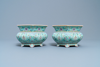 A pair of Chinese famille rose jardini&egrave;res on stands, Qianlong mark, Jiaqing