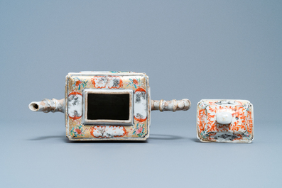 A Chinese famille rose rectangular 'Mandarin' teapot and cover, Qianlong