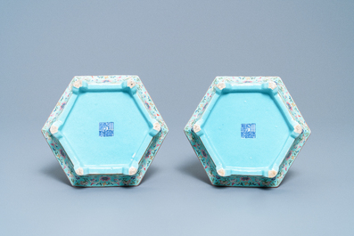 A pair of Chinese famille rose jardini&egrave;res on stands, Qianlong mark, Jiaqing