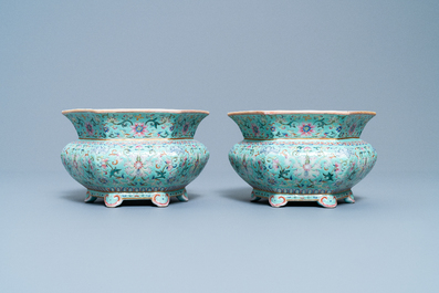A pair of Chinese famille rose jardini&egrave;res on stands, Qianlong mark, Jiaqing