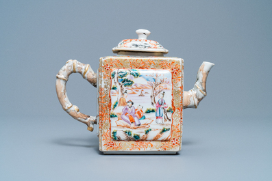 A Chinese famille rose rectangular 'Mandarin' teapot and cover, Qianlong