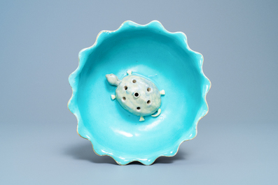 A Chinese famille rose 'lotus' bowl with turtle-shaped flower holder, Qianlong/Jiaqing