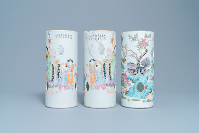 Three Chinese famille rose and qianjang cai hat stands, 19/20th C.