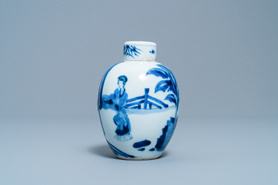 A Chinese blue and white covered tea caddy, Kangxi