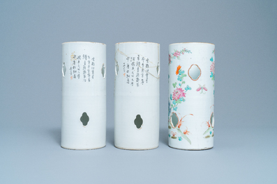 Three Chinese famille rose and qianjang cai hat stands, 19/20th C.
