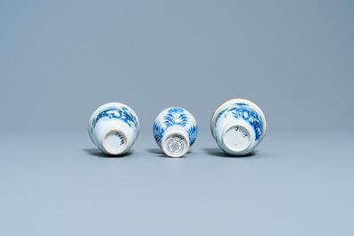 Two Chinese blue and white wine cups and a stem cup, Transitional period