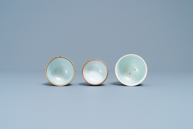 Two Chinese blue and white wine cups and a stem cup, Transitional period