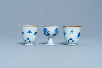 Two Chinese blue and white wine cups and a stem cup, Transitional period