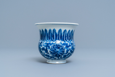 A Chinese blue and white 'lotus scroll' spittoon or zhadou, Kangxi