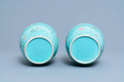 A Chinese Canton famille rose jardini&egrave;re and a pair of turquoise-ground jars, 19th C.