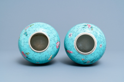 A Chinese Canton famille rose jardini&egrave;re and a pair of turquoise-ground jars, 19th C.