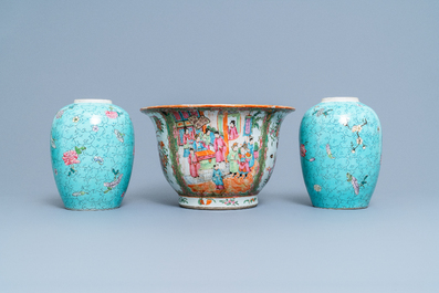 A Chinese Canton famille rose jardini&egrave;re and a pair of turquoise-ground jars, 19th C.