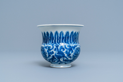 A Chinese blue and white 'lotus scroll' spittoon or zhadou, Kangxi