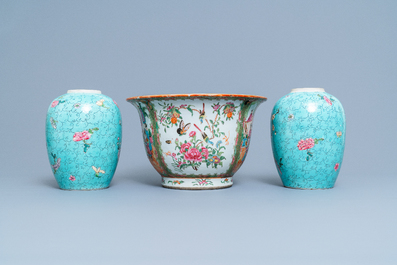 A Chinese Canton famille rose jardini&egrave;re and a pair of turquoise-ground jars, 19th C.