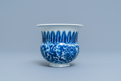 A Chinese blue and white 'lotus scroll' spittoon or zhadou, Kangxi