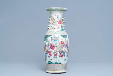A Chinese famille rose vase with figures in a landscape, 19th C.