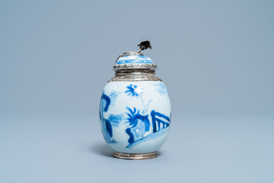 A Chinese blue and white tea caddy with Dutch silver mounts, Kangxi