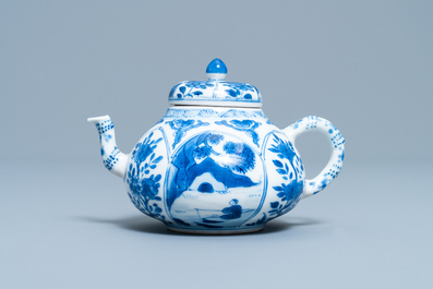 A Chinese blue and white soft paste teapot and cover, Kangxi