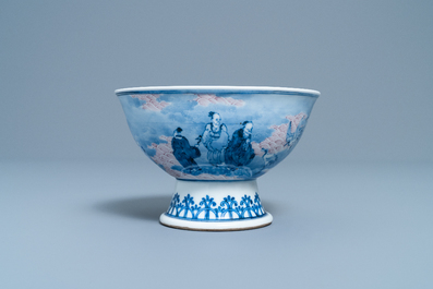 A Chinese blue, white and copper red stem bowl with immortals, Republic
