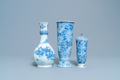 Two Chinese blue and white beaker vases and a bottle vase, Kangxi/Qianlong