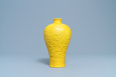 A Chinese relief-moulded monochrome yellow meiping 'dragon' vase, Republic