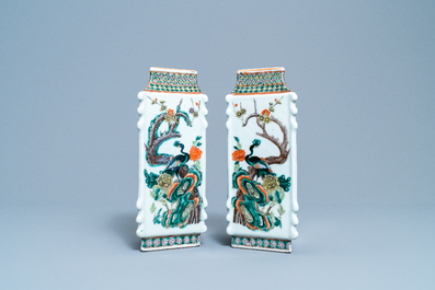 A pair of Chinese famille verte lozenge-shaped vases, 19th C.