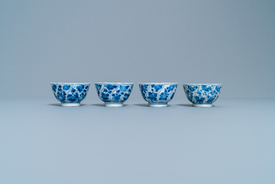 Four Chinese blue and white cups and saucers and three large cups, Kangxi/Qianlong