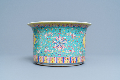 A Chinese turquoise-ground famille rose jardini&egrave;re, 19th C.
