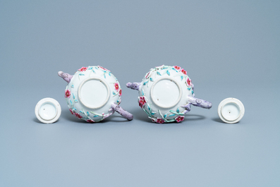 A pair of Chinese famille rose relief-decorated teapots with floral design, Yongzheng