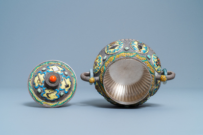 A Chinese enamelled silver censer, Cultural Revolution, 20th C.