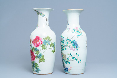 Two Chinese famille rose and qianjiang cai vases with birds, 19th C.