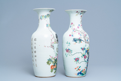 Two Chinese famille rose and qianjiang cai vases with birds, 19th C.