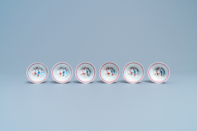 Six Chinese famille rose cups and saucers with a lady and a boy, Yongzheng/Qianlong