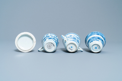 Four Chinese blue and white cups and saucers and three large cups, Kangxi/Qianlong