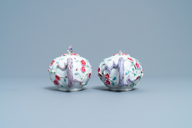 A pair of Chinese famille rose relief-decorated teapots with floral design, Yongzheng