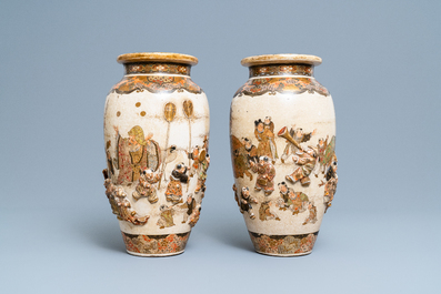 Two Japanese relief-moulded Satsuma vases, Meiji, 19th C.