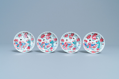 Four Chinese famille rose cups and saucers, Yongzheng
