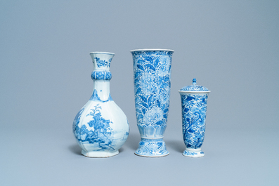 Two Chinese blue and white beaker vases and a bottle vase, Kangxi/Qianlong