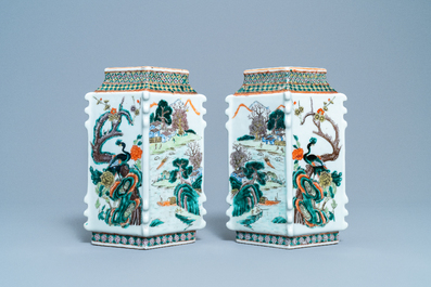 A pair of Chinese famille verte lozenge-shaped vases, 19th C.