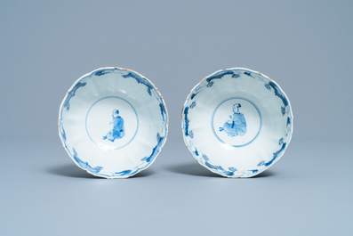 A pair of Chinese blue and white 'Long Eliza' bowls, Chenghua mark, Kangxi