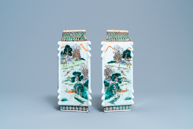 A pair of Chinese famille verte lozenge-shaped vases, 19th C.
