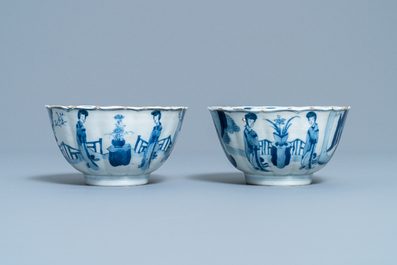 A pair of Chinese blue and white 'Long Eliza' bowls, Chenghua mark, Kangxi