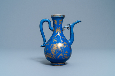 A Chinese gilt-decorated powder blue-ground jug with mythical beasts, Kangxi