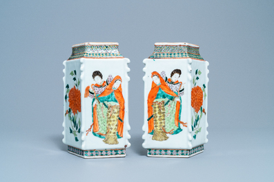 A pair of Chinese famille verte lozenge-shaped vases, 19th C.