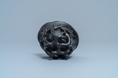 A Chinese zitan wood and silver libation cup, 17th C.
