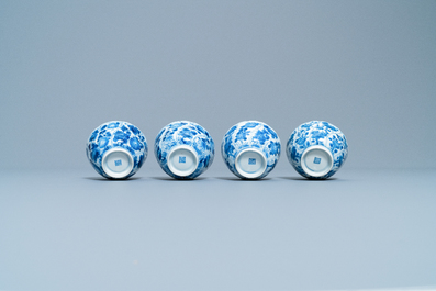 Four Chinese blue and white cups and saucers and three large cups, Kangxi/Qianlong