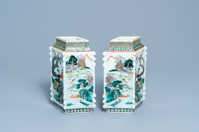 A pair of Chinese famille verte lozenge-shaped vases, 19th C.